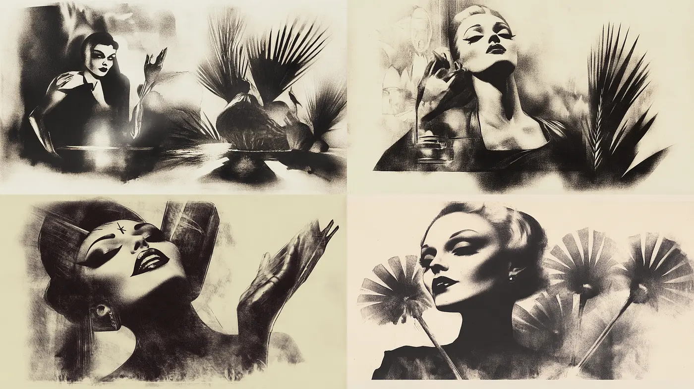 Elegant Noir Aesthetic with Dramatic Shadows and Stylized Feminine Portraiture - Midjourney sref style