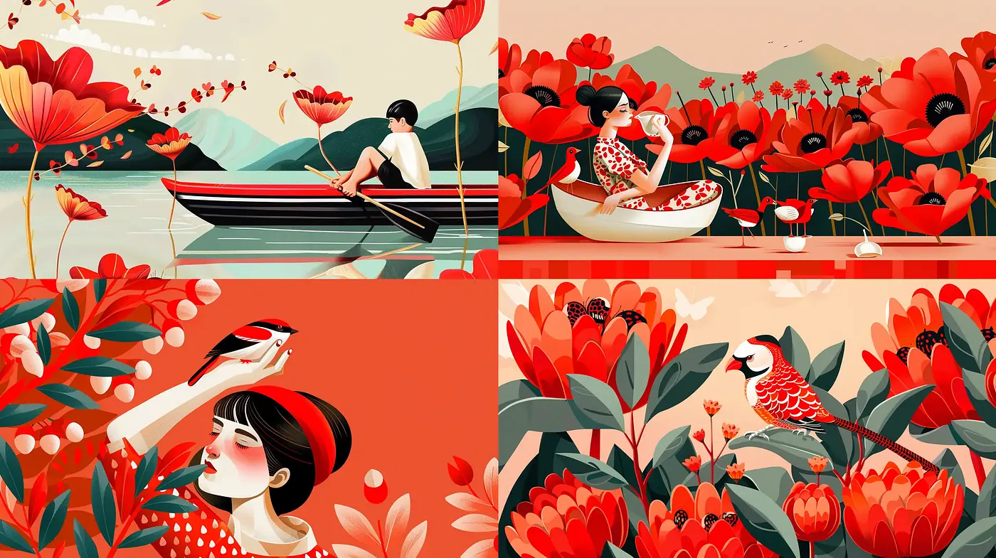 Crimson Botanical Euphony: A Contemporary Artistic Medley - Midjourney sref style
