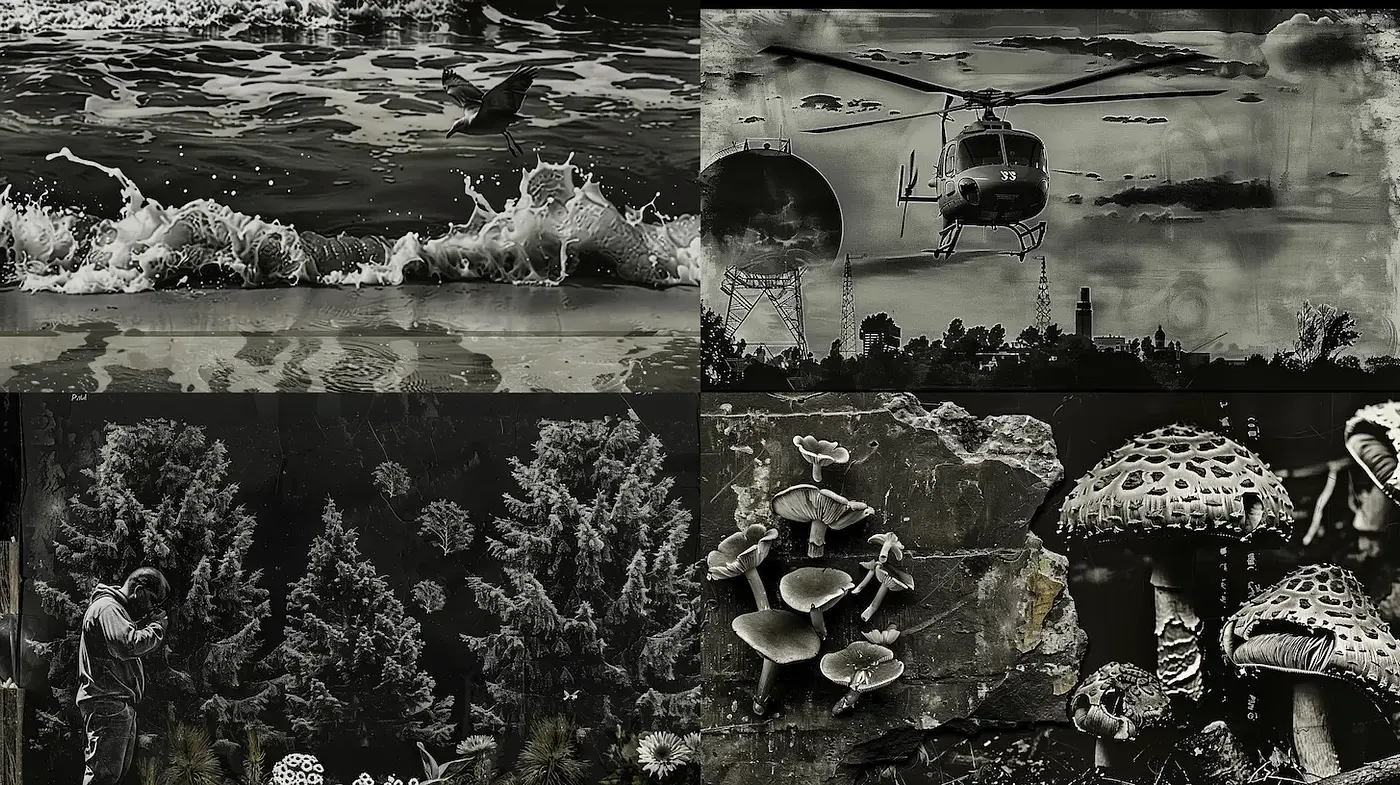 Dark and Textured Surrealism with a Monochromatic Palette - Midjourney sref style