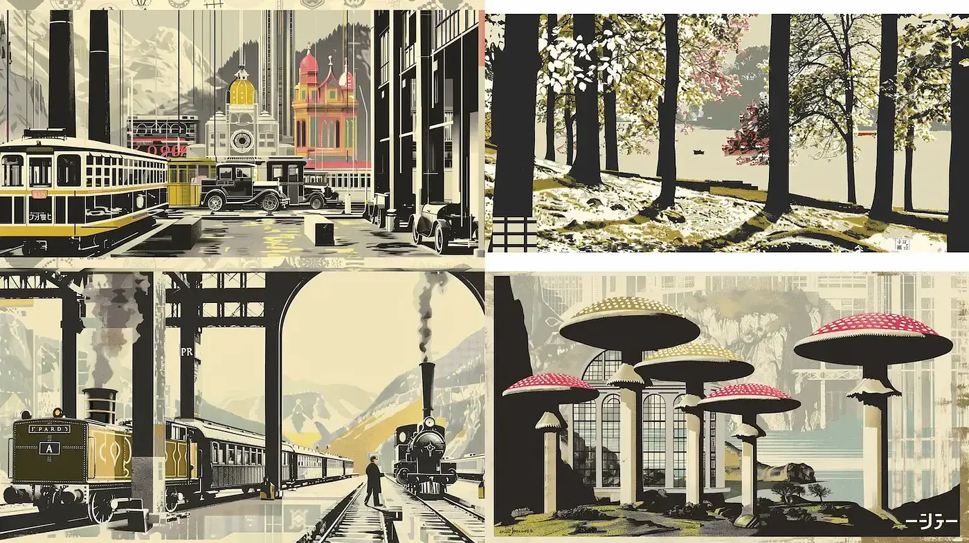 Stylized and Nostalgic Illustrations with Art Deco Influences - Midjourney sref style