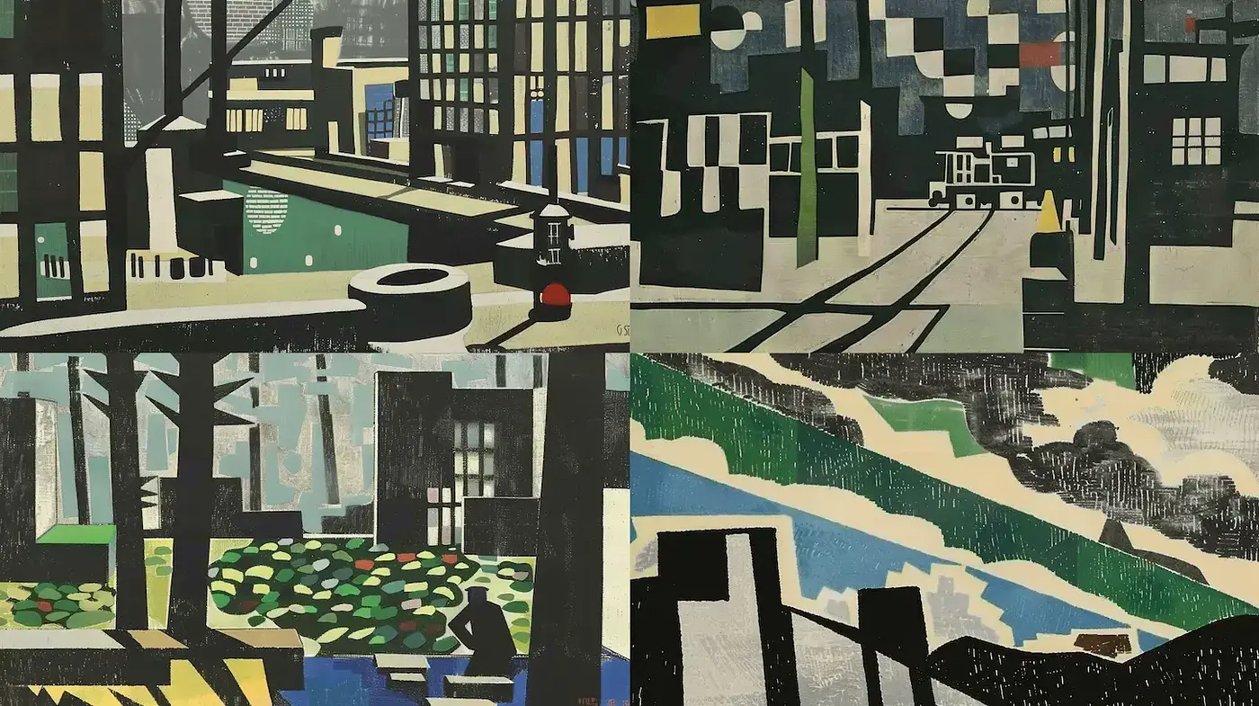 A Harmonious Blend of Geometric Abstraction and Urban Landscapes - Midjourney sref style