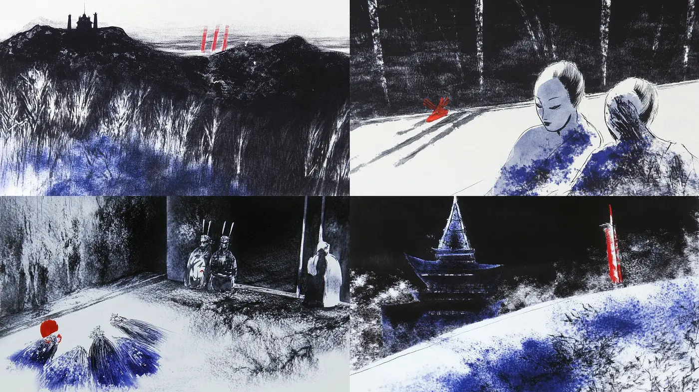Monochromatic Blue Hues with Expressive Brushwork and Striking Red Accents - Midjourney sref style