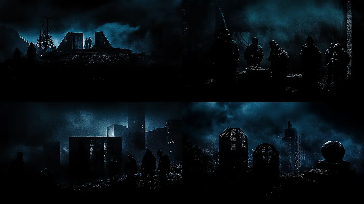 Nocturnal Melancholy: A Cinematic Exploration of Somber Tones and Silhouetted Vistas - Midjourney sref style
