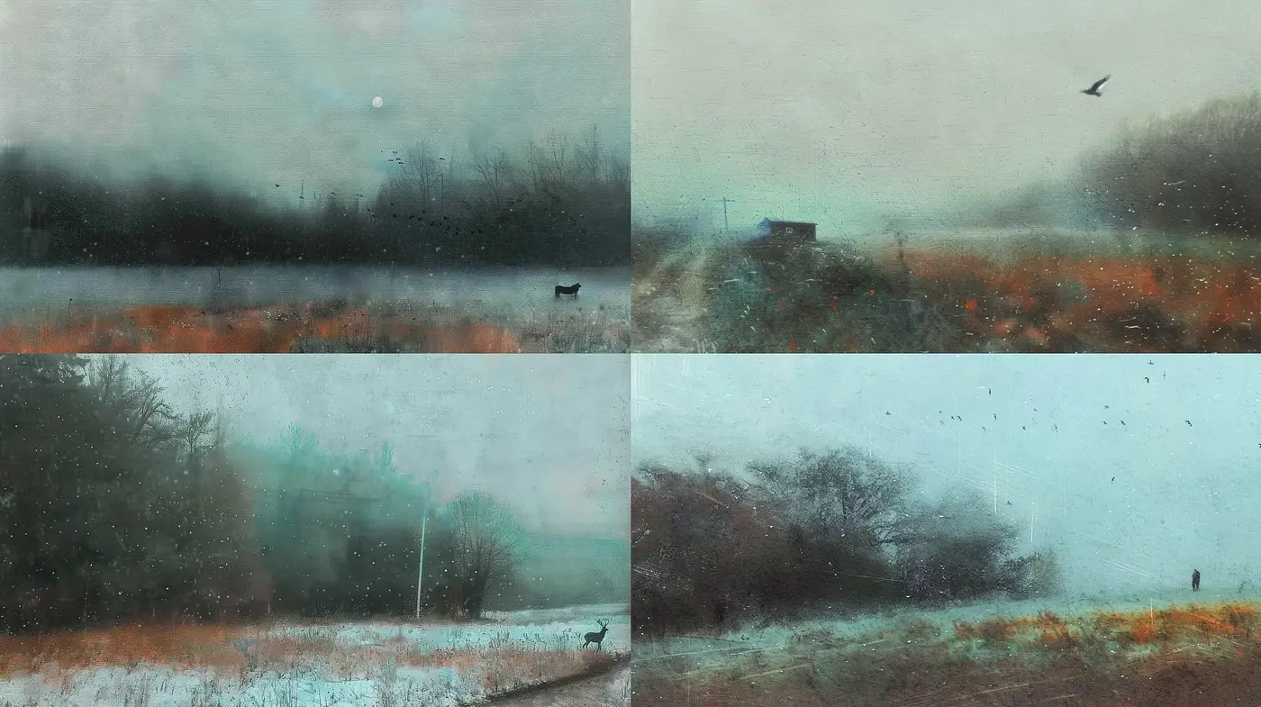 Misty Fields of Serenity: A Fusion of Subdued Tones and Ethereal Landscapes - Midjourney sref style