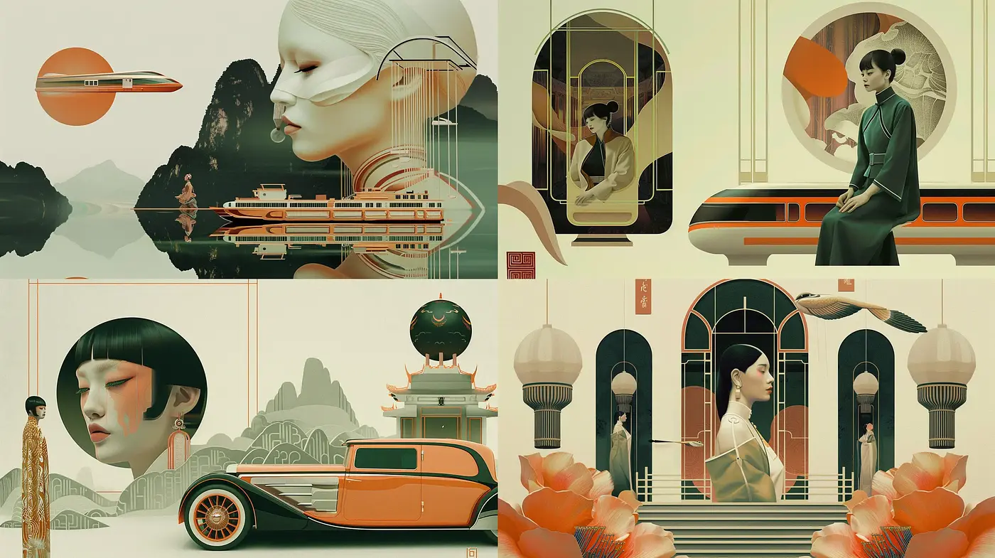 Ethereal Nostalgic Fusion with Art Deco and Asian Aesthetics - Midjourney sref style