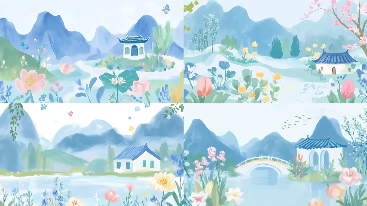 Serene Watercolor Landscape with East Asian Aesthetics - Midjourney sref style