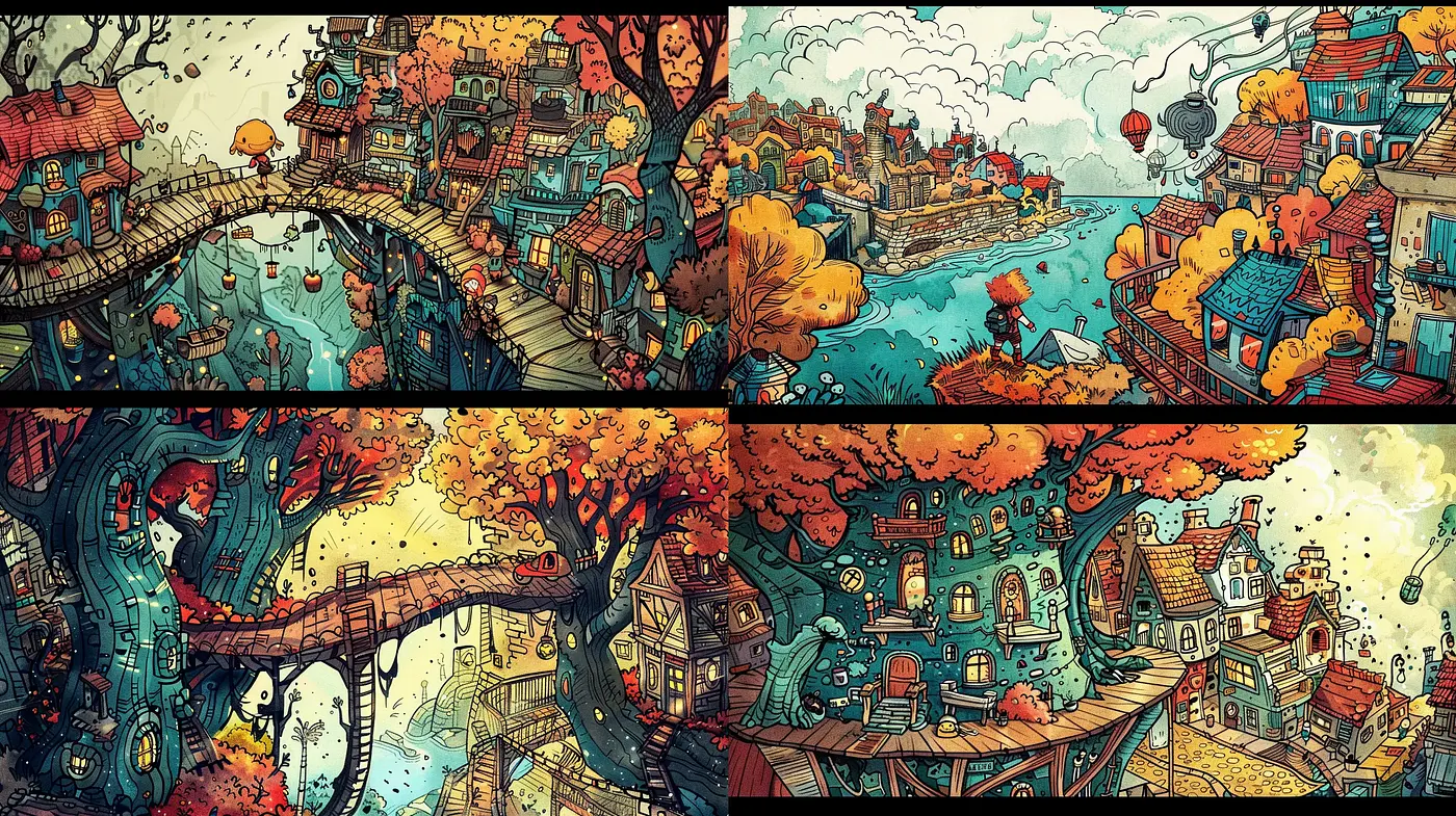 Whimsical Autumnal Scenes with a Warm, Intricate Storybook Appeal - Midjourney sref style