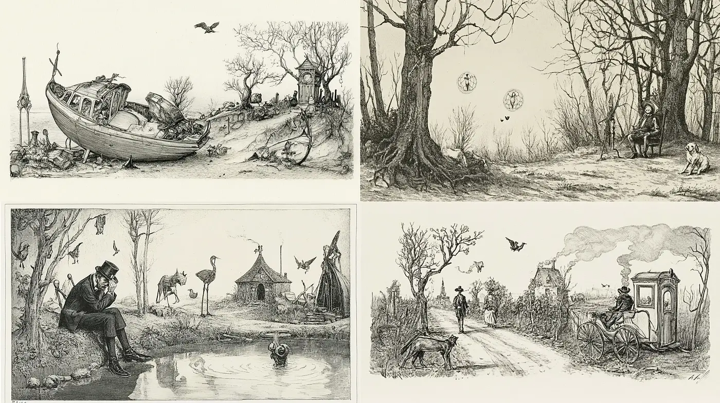 Monochromatic Etching Resemblance with Pastoral Elements - Midjourney sref style