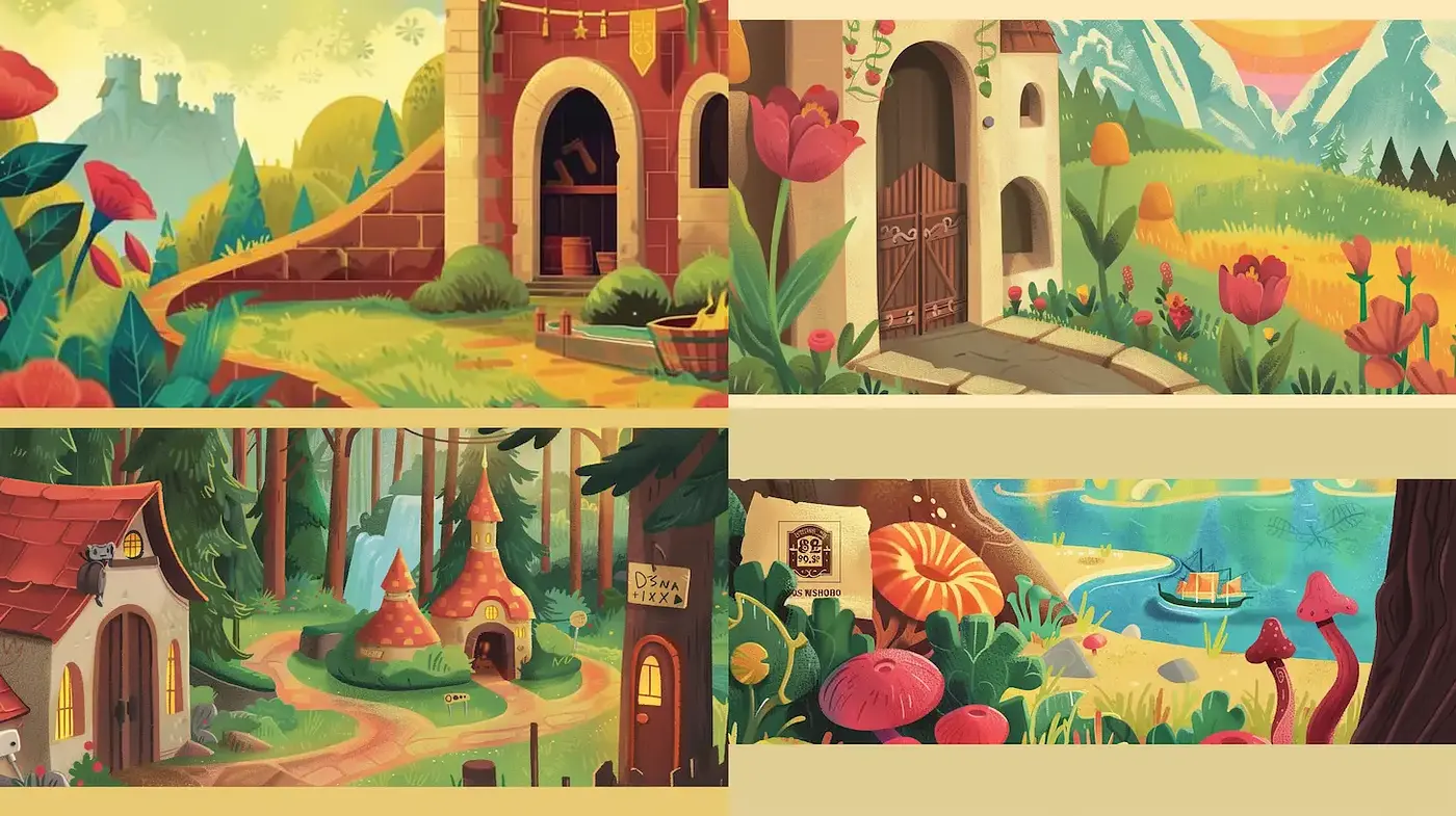 Whimsical and Vibrant Landscape Illustration with Consistent Aesthetic Elements - Midjourney sref style