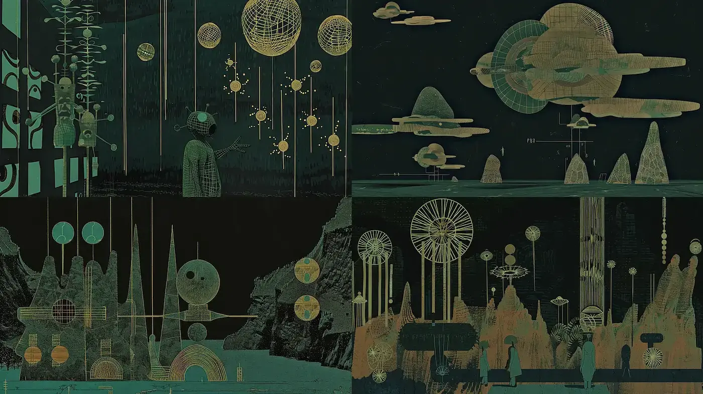 Surreal and Ethereal Cosmic Landscapes with Retro Futurism Elements - Midjourney sref style