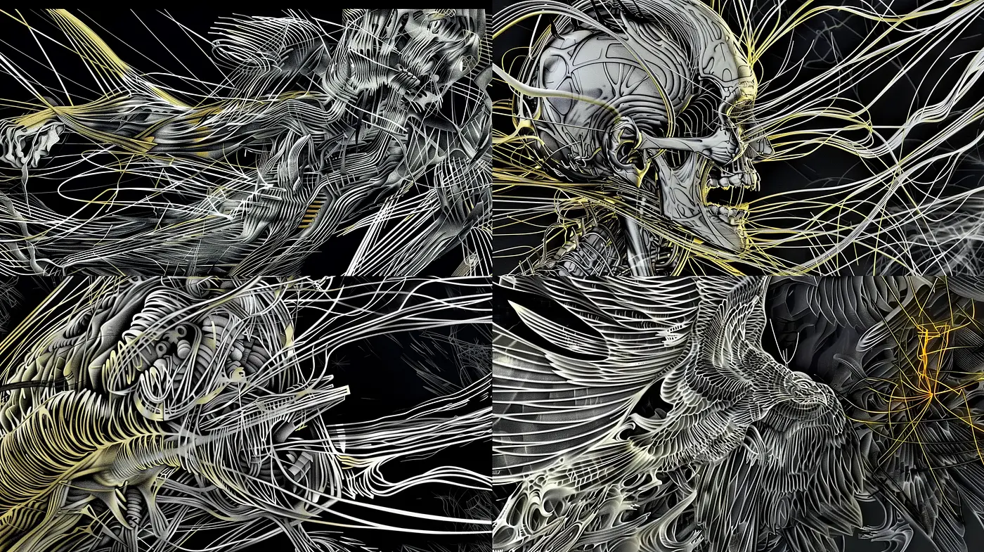 Ethereal Skeletal Symphony in Monochrome and Gold Highlights - Midjourney sref style