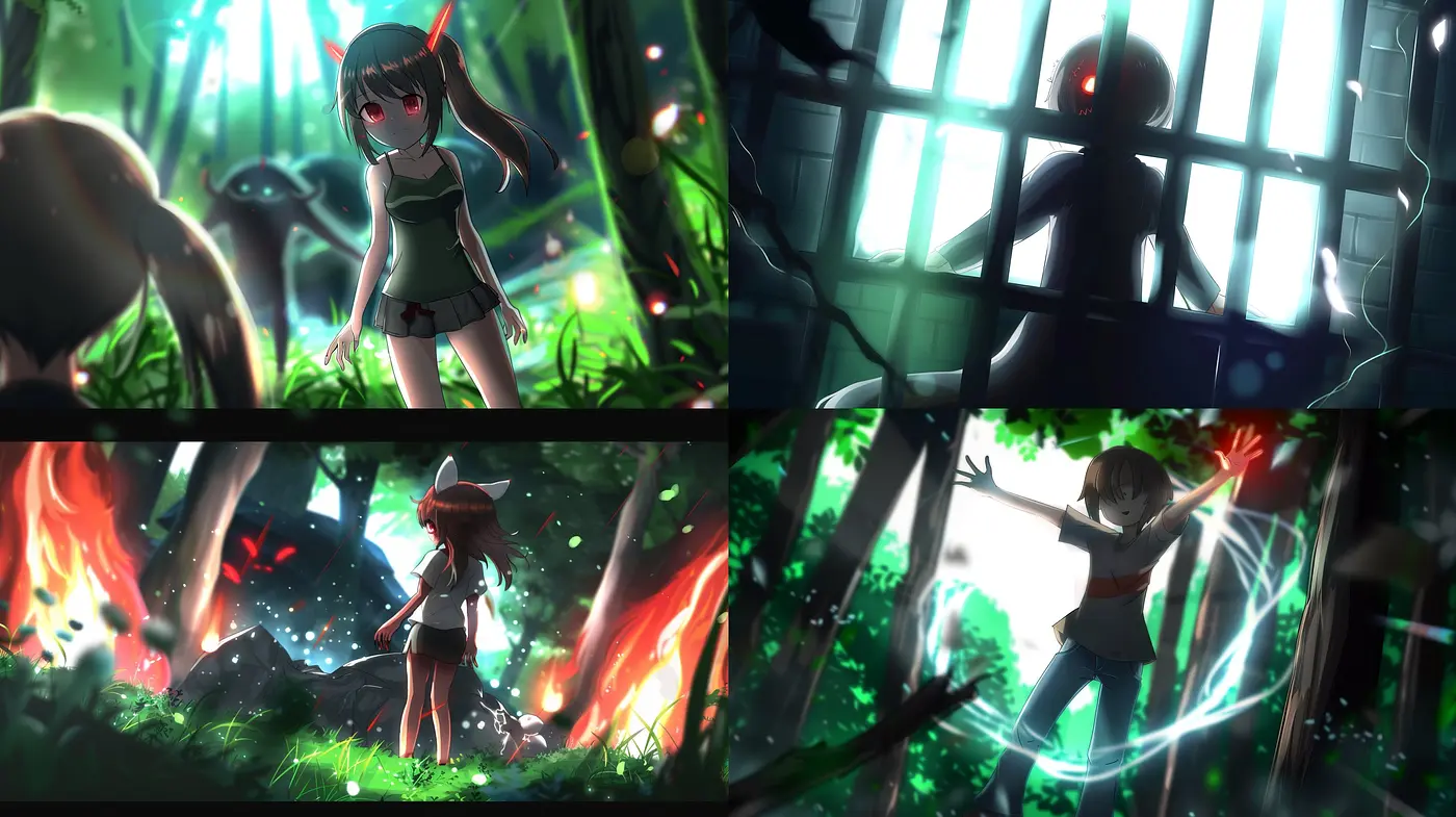 Ethereal Anime Dreamscape Synthesis with Vivid Greens and Mysterious Overtones - Midjourney sref style