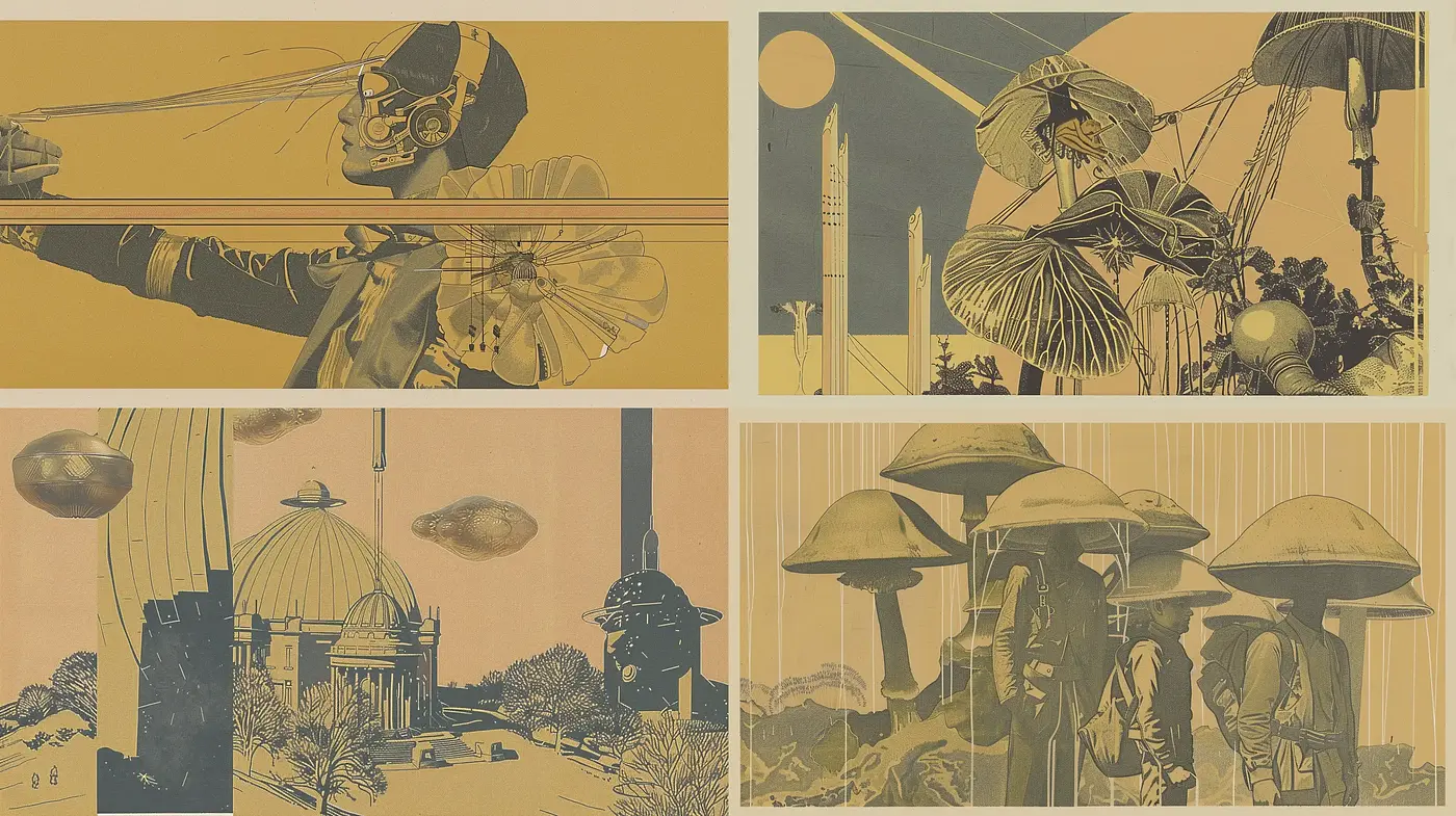 Retro Futuristic Exploration in Sepia Tones - Midjourney sref style