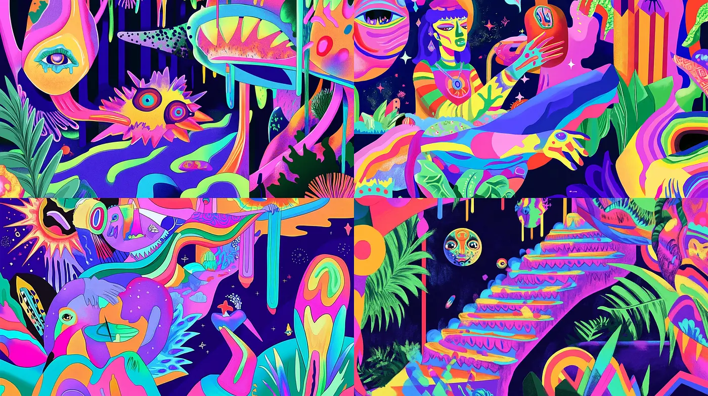 Vibrant Surrealism with a Groovy Aesthetic - Midjourney sref style