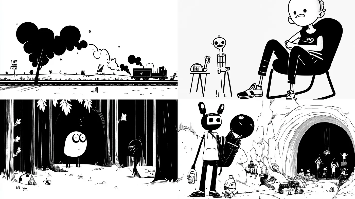 Whimsical Monochrome Illustrations in Comic-Book Style - Midjourney sref style