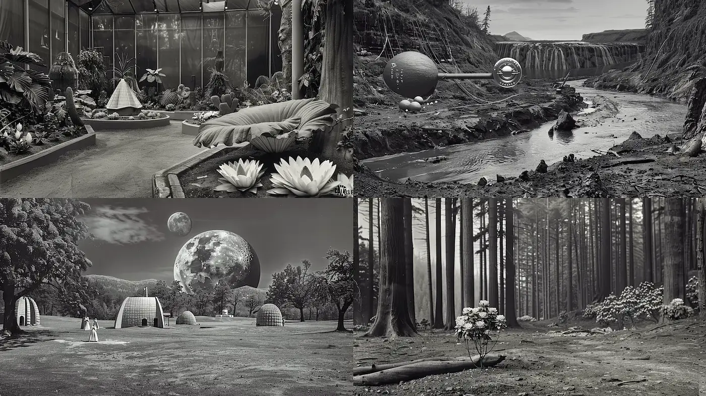 Surreal Monochromatic Landscapes with Organic and Geometric Elements - Midjourney sref style