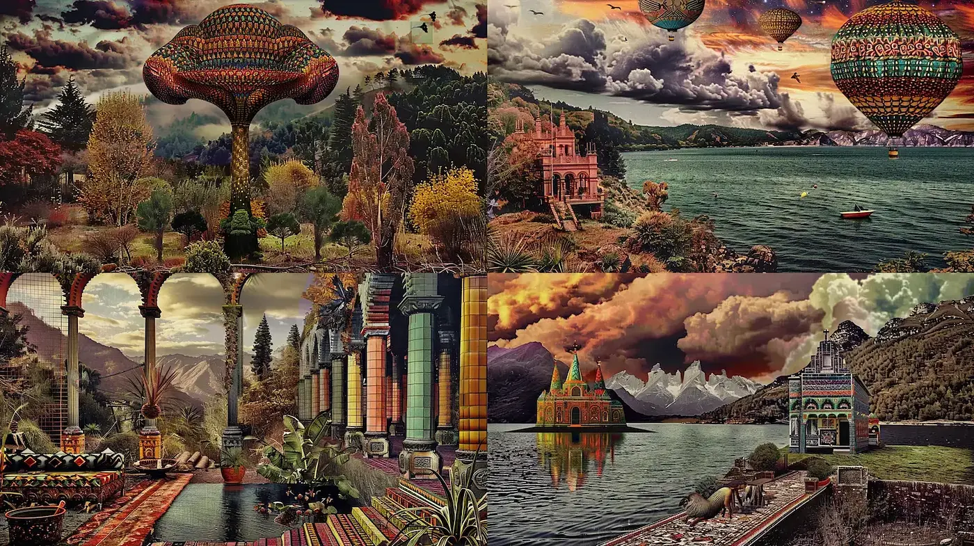Surreal Fantasy Landscapes with Eclectic Architectural Elements - Midjourney sref style