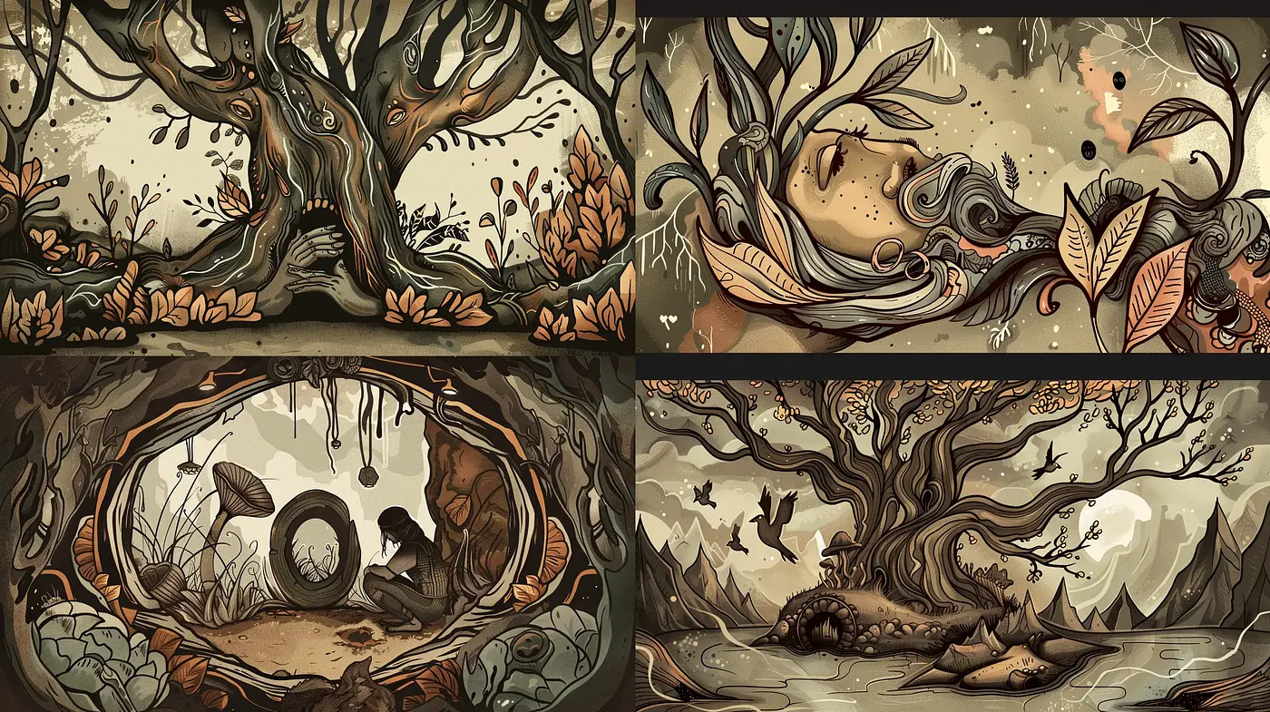 Enchanted Autumnal Forest: A Melding of Whimsical Illustration and Earthy Hues - Midjourney sref style