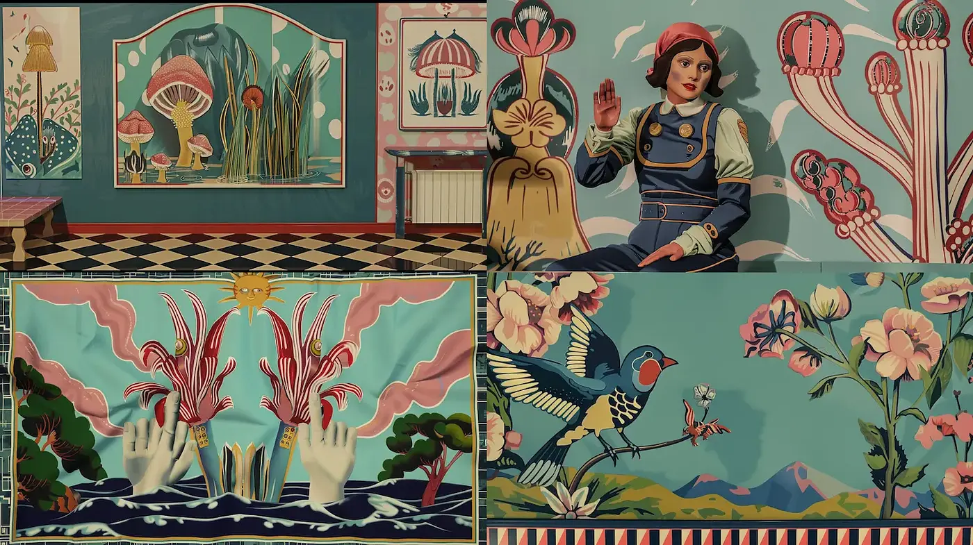 Whimsical and Colorful Art with Bold Patterns and Fantastical Elements - Midjourney sref style