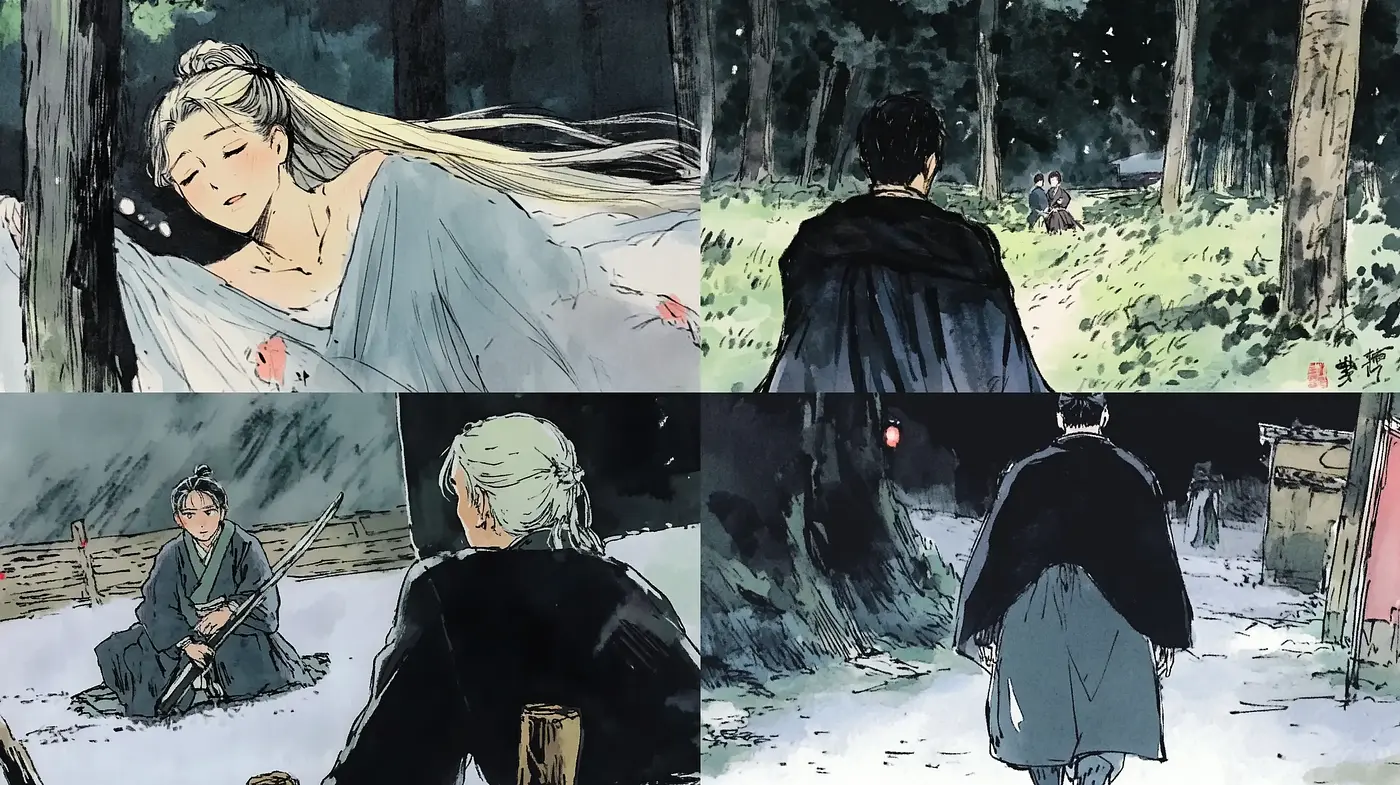 Elegiac Ink Wash Dreamscape in Stylized Manga Form - Midjourney sref style