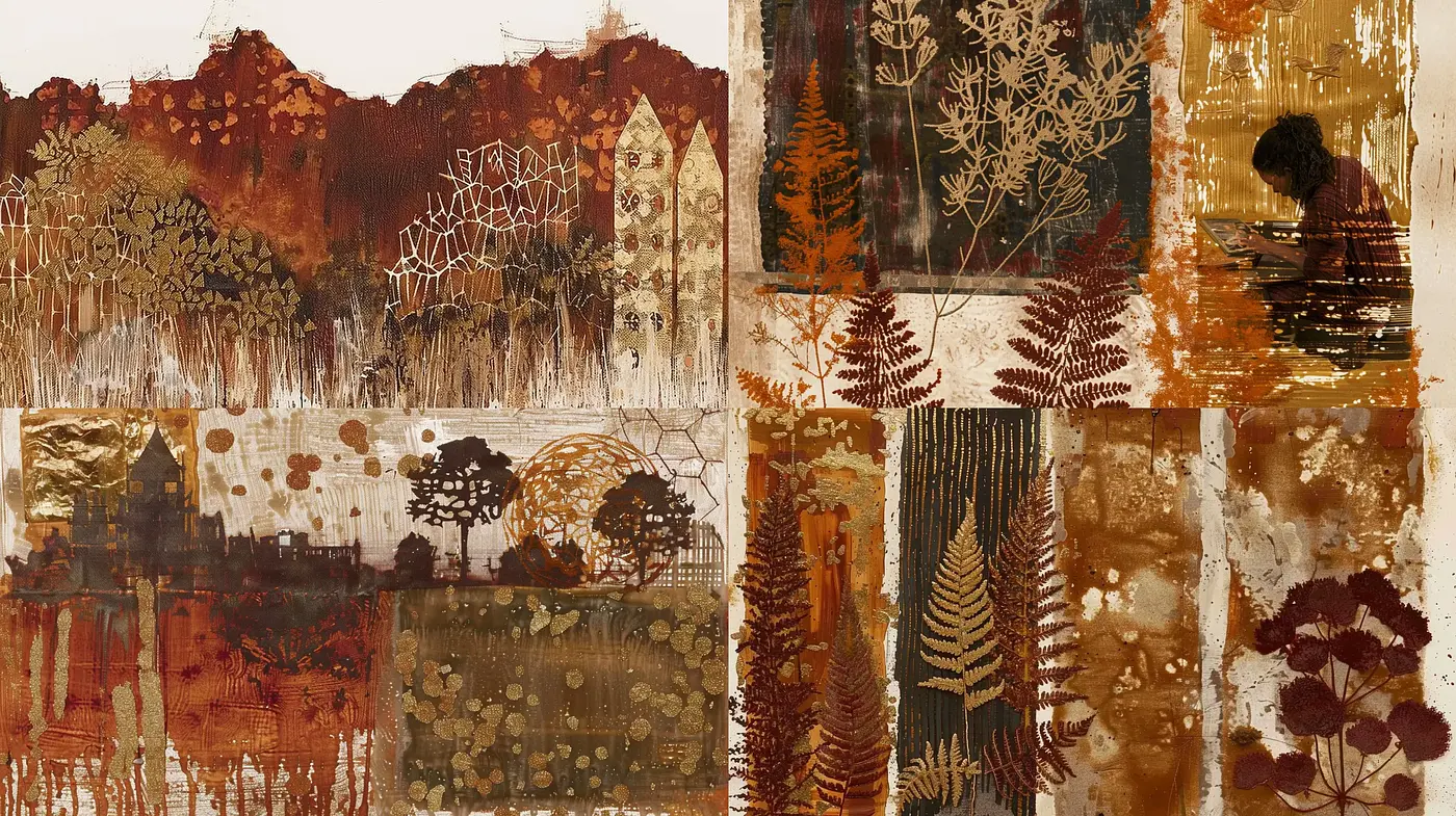 Autumnal Textural Montage with Rustic Hues and Abstract Forms - Midjourney sref style