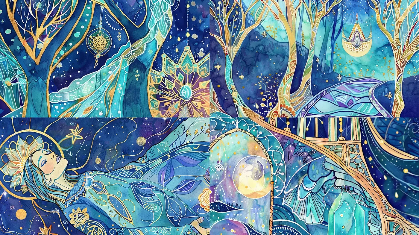 Enchanted Celestial Dreamscape: A Symphony of Azure and Gold - Midjourney sref style