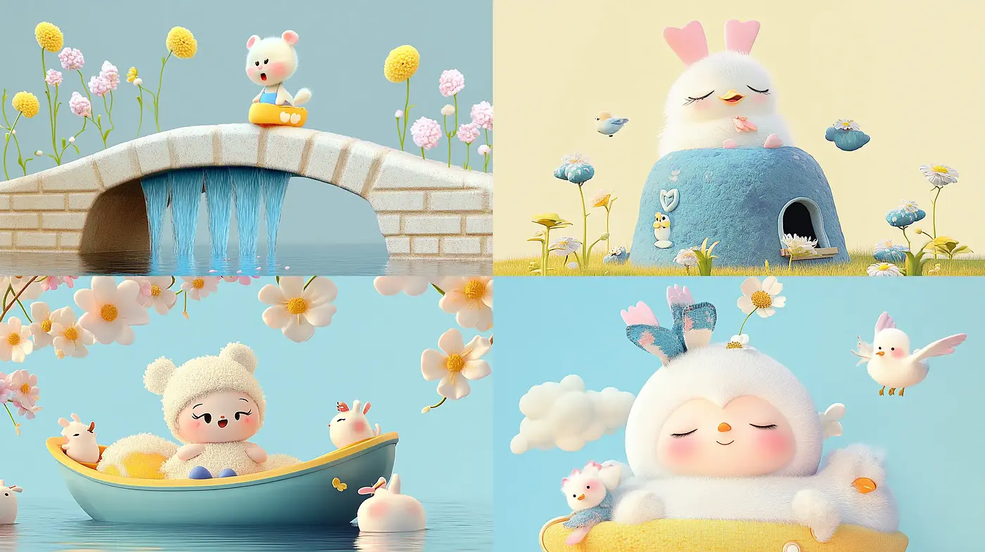 Serene Pastel Dreamscape with Whimsical Characters - Midjourney sref style
