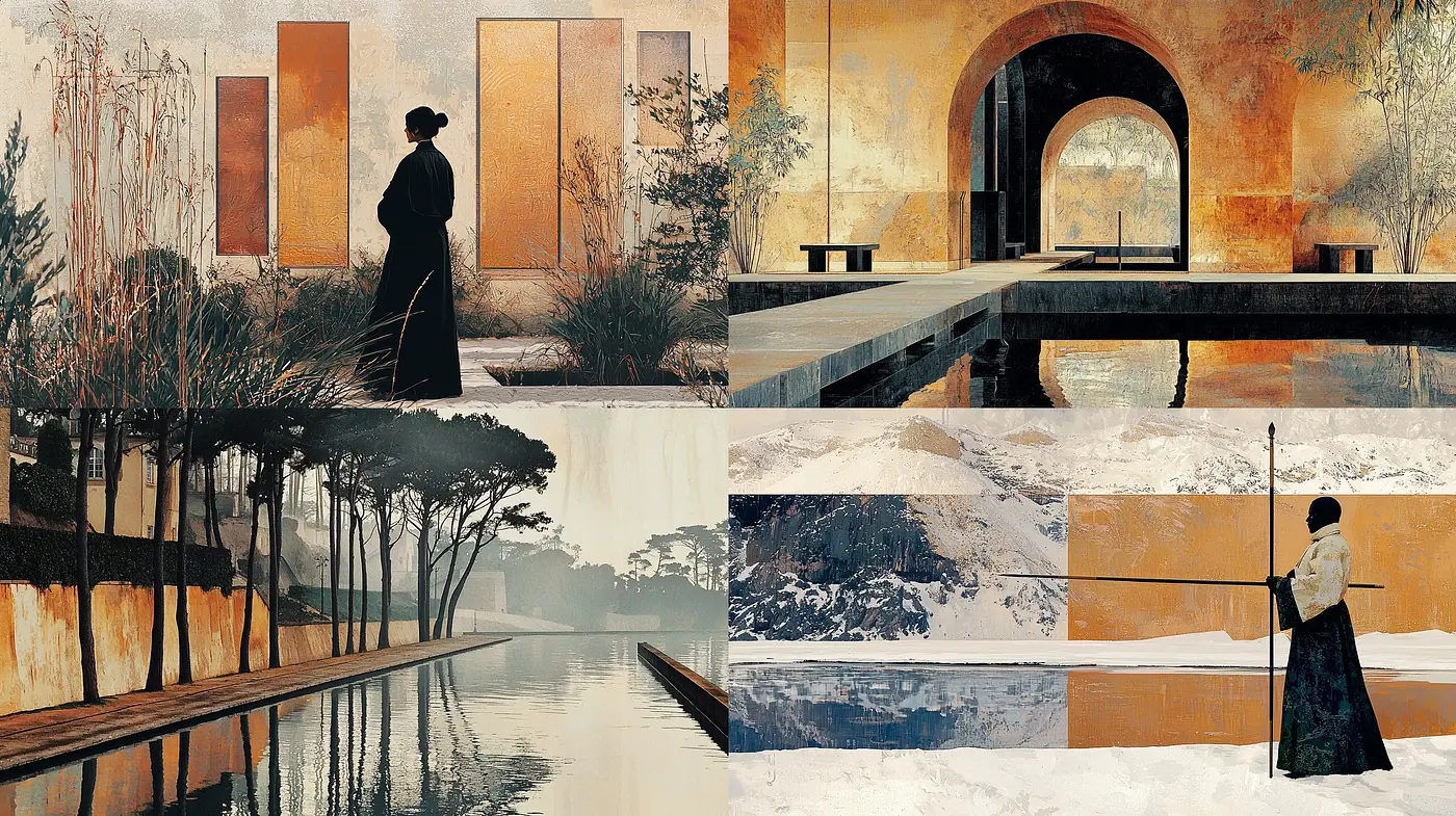 Ethereal Timeshift: A Fusion of Serene Nature and Rustic Architecture - Midjourney sref style