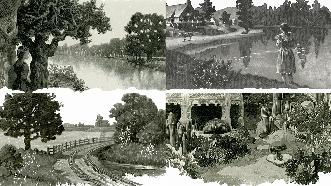 Monochrome Pastoral Scenes with Detailed Textured Illustrations - Midjourney sref style