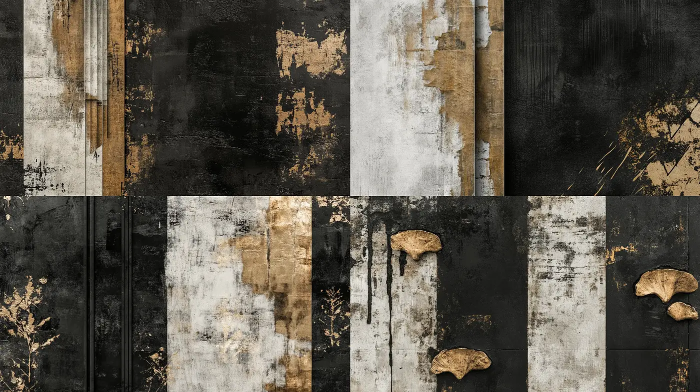 Textured Elegance of Time-Worn Aesthetic in Monochromatic and Gold - Midjourney sref style