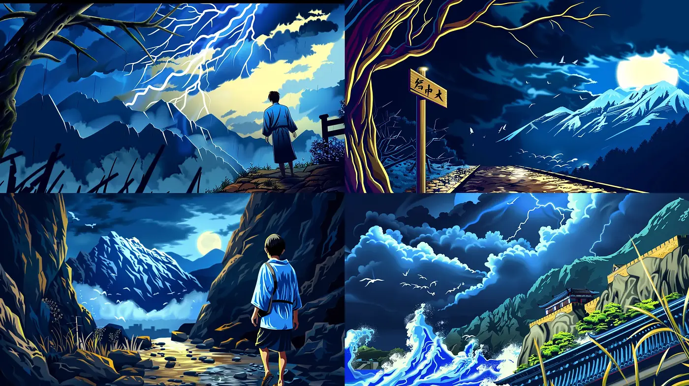 Dramatic Anime-Inspired Landscapes with Vibrant Contrasts and Dynamic Nature - Midjourney sref style