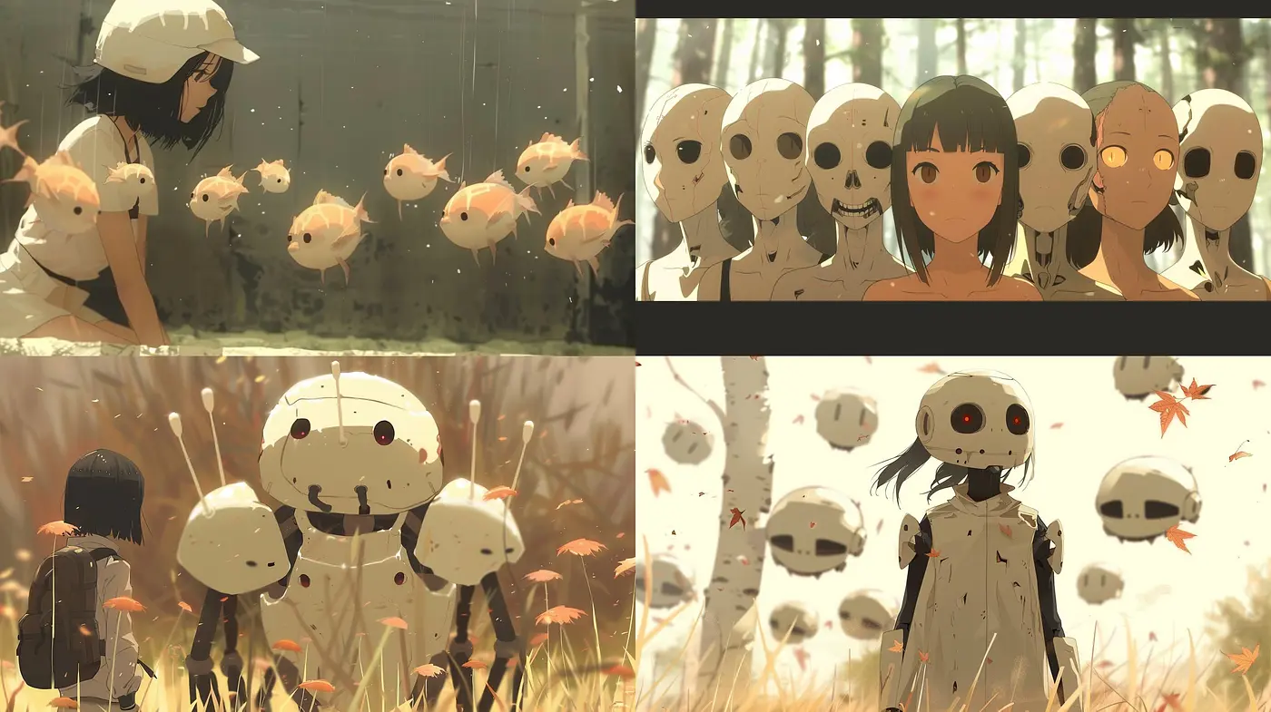 Serene Tales of Autumnal Robots – A Harmonious Blend of Anime and Painterly Aesthetics - Midjourney sref style