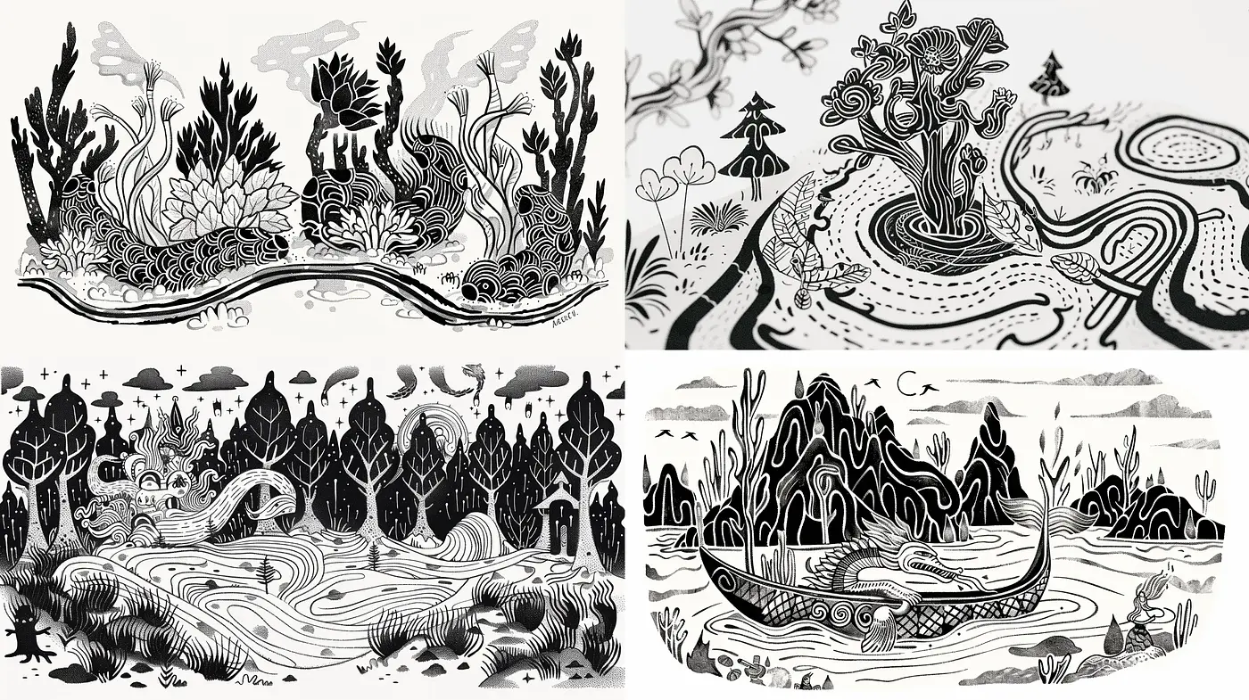 Whimsical Monochromatic Nature Tapestry - Midjourney sref style