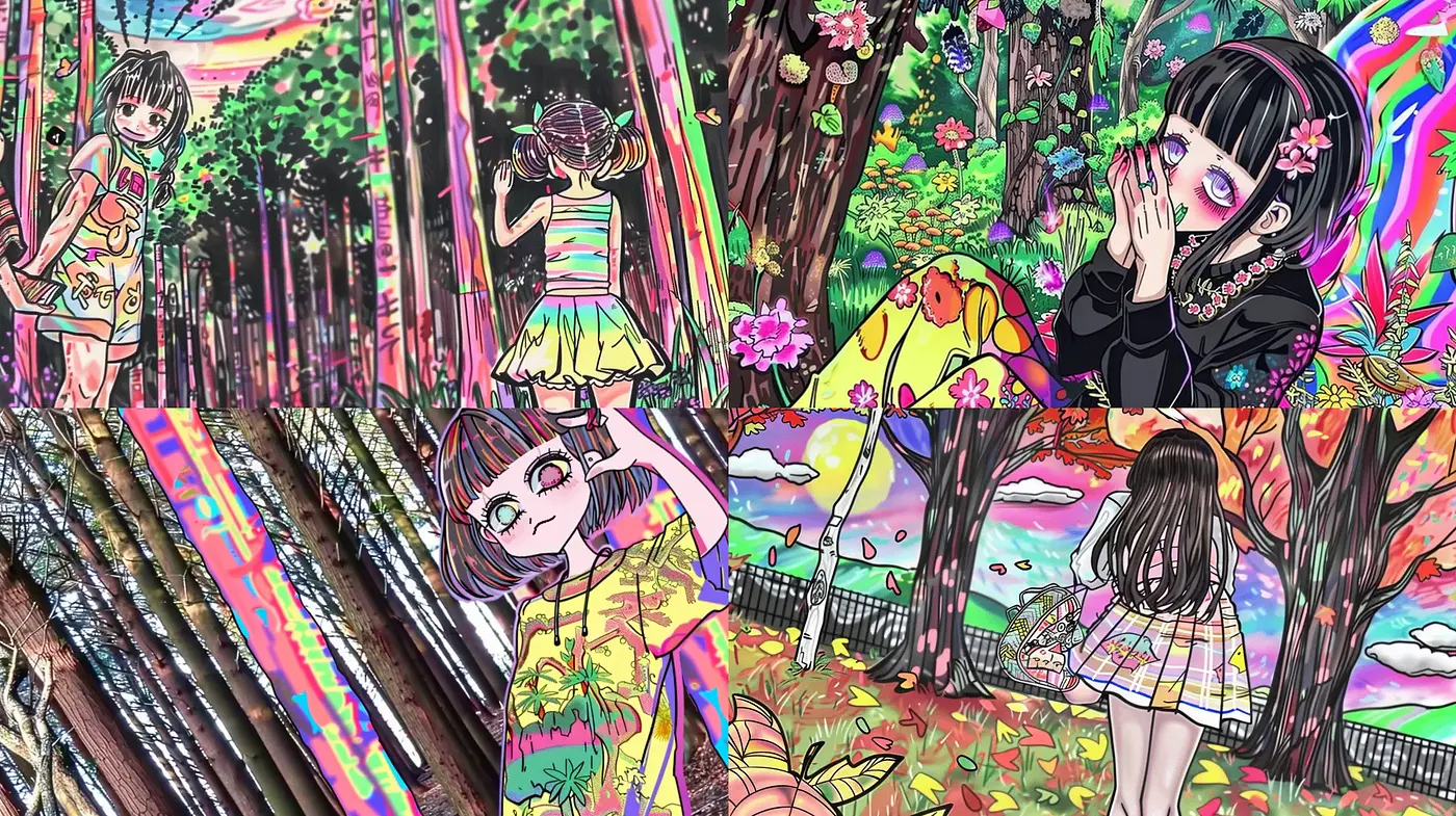Psychedelic Nature: A Fusion of Vibrant Anime and Holographic Daydream - Midjourney sref style