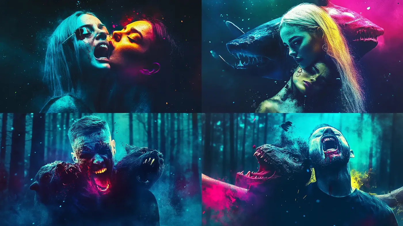Neon-Drenched Horror Fusion - Midjourney sref style