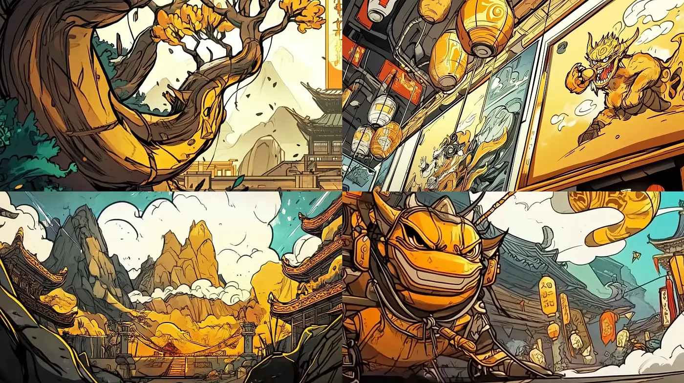 Dynamic Oriental Adventure: A Fusion of Vivid Colors and Comic Book Aesthetics - Midjourney sref style