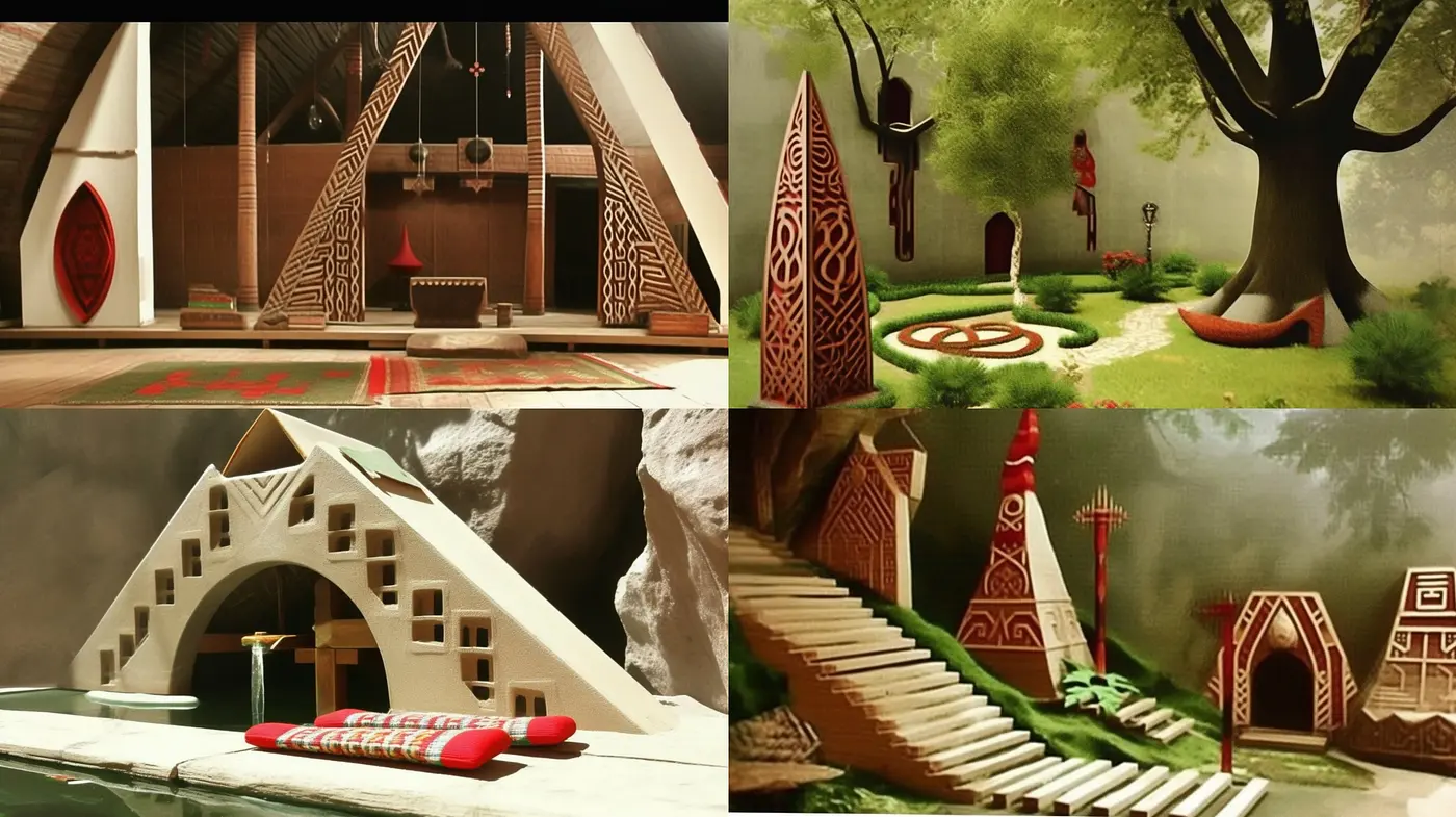 Whimsical Architectural Reveries with Lush Greenscapes and Rustic Textures - Midjourney sref style