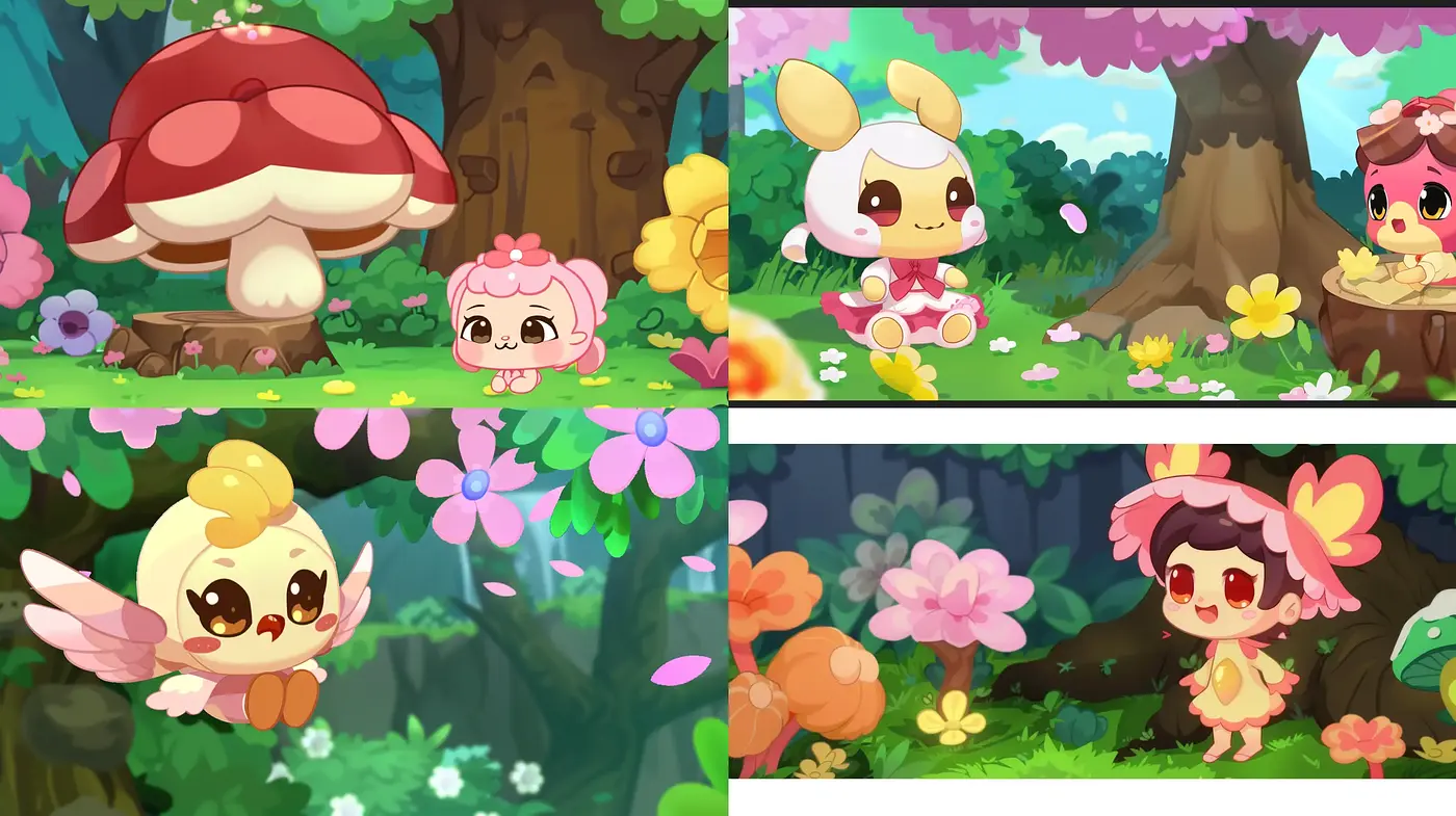 Enchanted Forest Whimsy: A Consistent Celebration of Colorful Anime Characters in Nature - Midjourney sref style