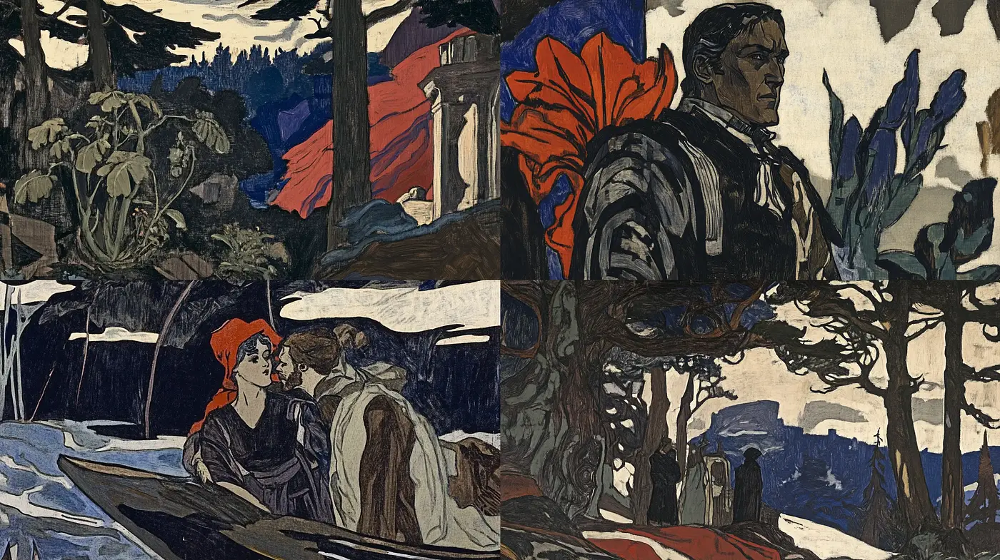 Twilight Elegy in Woodcut Tones - Midjourney sref style