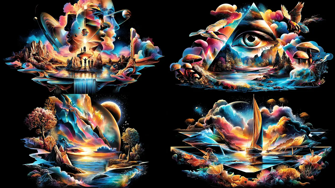 Vibrant Surreal Landscapes with Cosmic Elements - Midjourney sref style