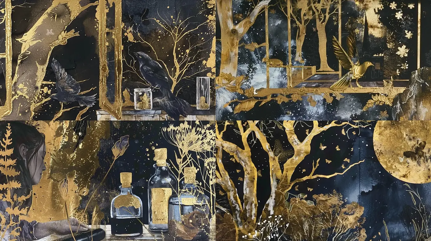 Midnight Gold Gossamer: An Ethereal Dance of Nighttime Hues and Gilded Textures - Midjourney sref style