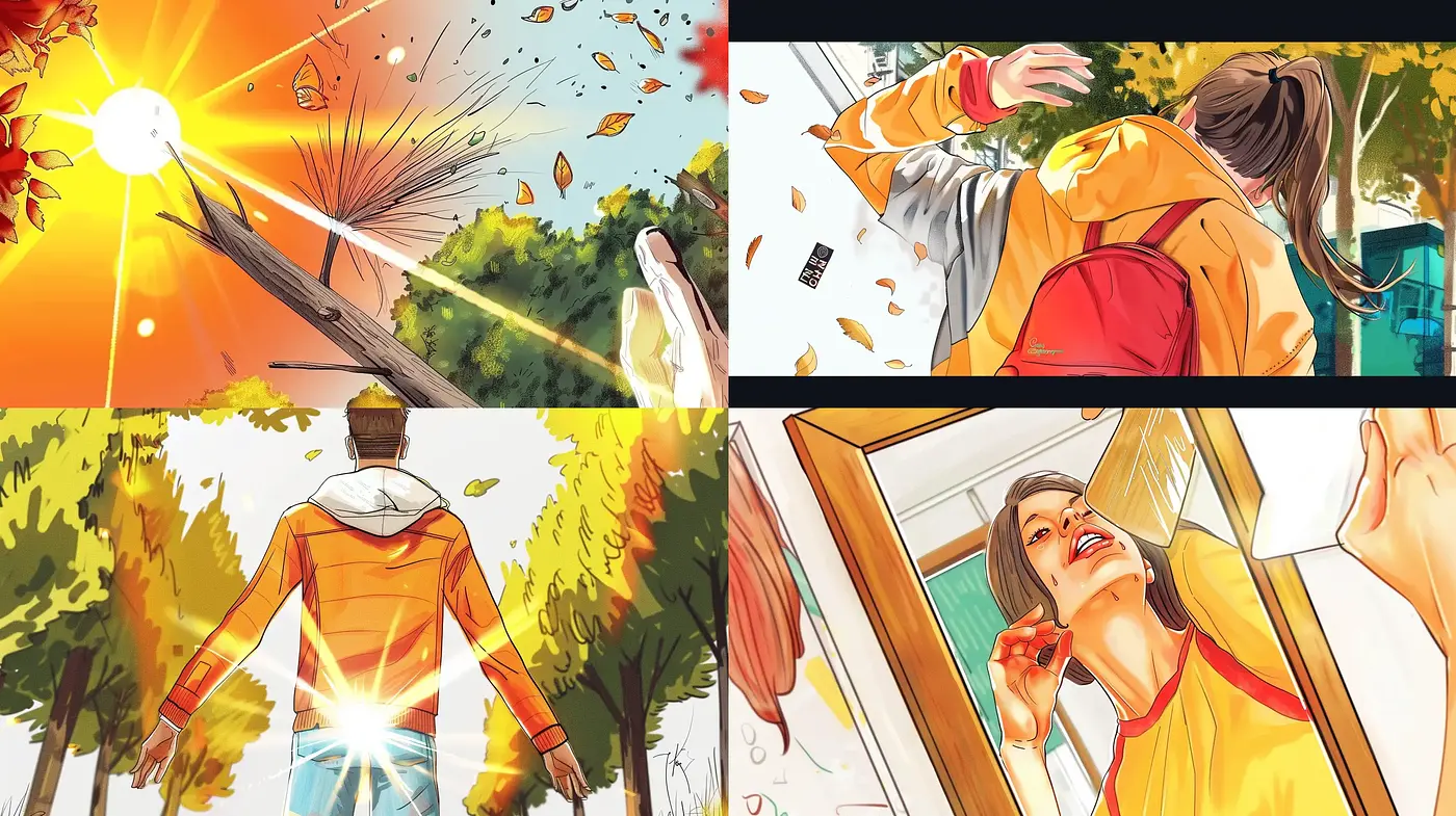 Dynamic Illustrative Comic Art with Expressive Sunburst Motifs - Midjourney sref style