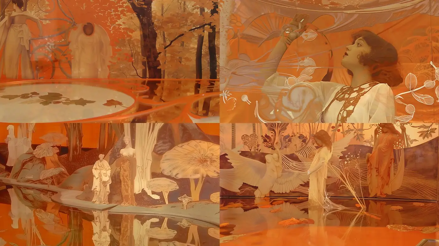 Ethereal Autumnal Dreamscape: A Fusion of Art Nouveau Elements and Surreal Imagery - Midjourney sref style
