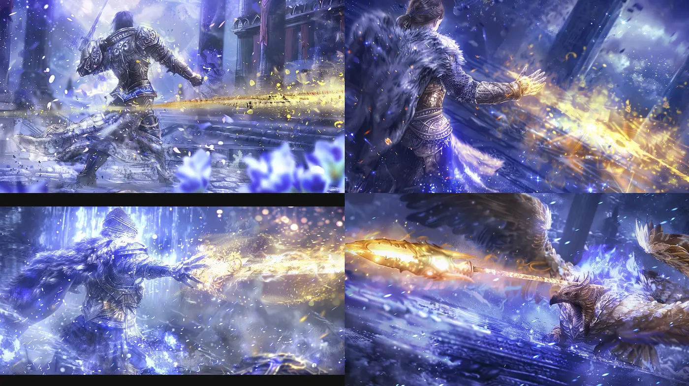 Ethereal Luminosity in Enigmatic Battlescape - A Fusion of Mythic Fantasy and Dynamic Motion - Midjourney sref style