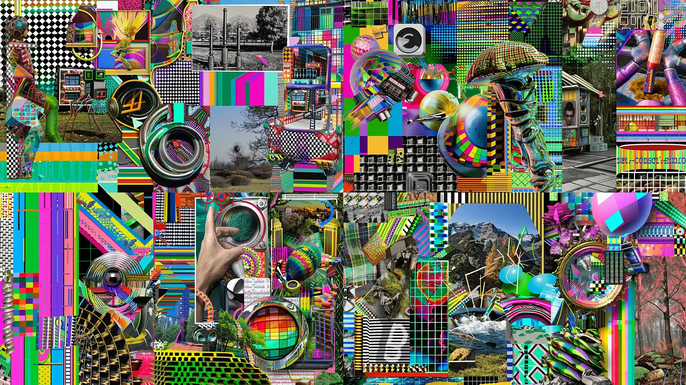 Eclectic Digital Collage of Vibrancy and Retrofuturism - Midjourney sref style