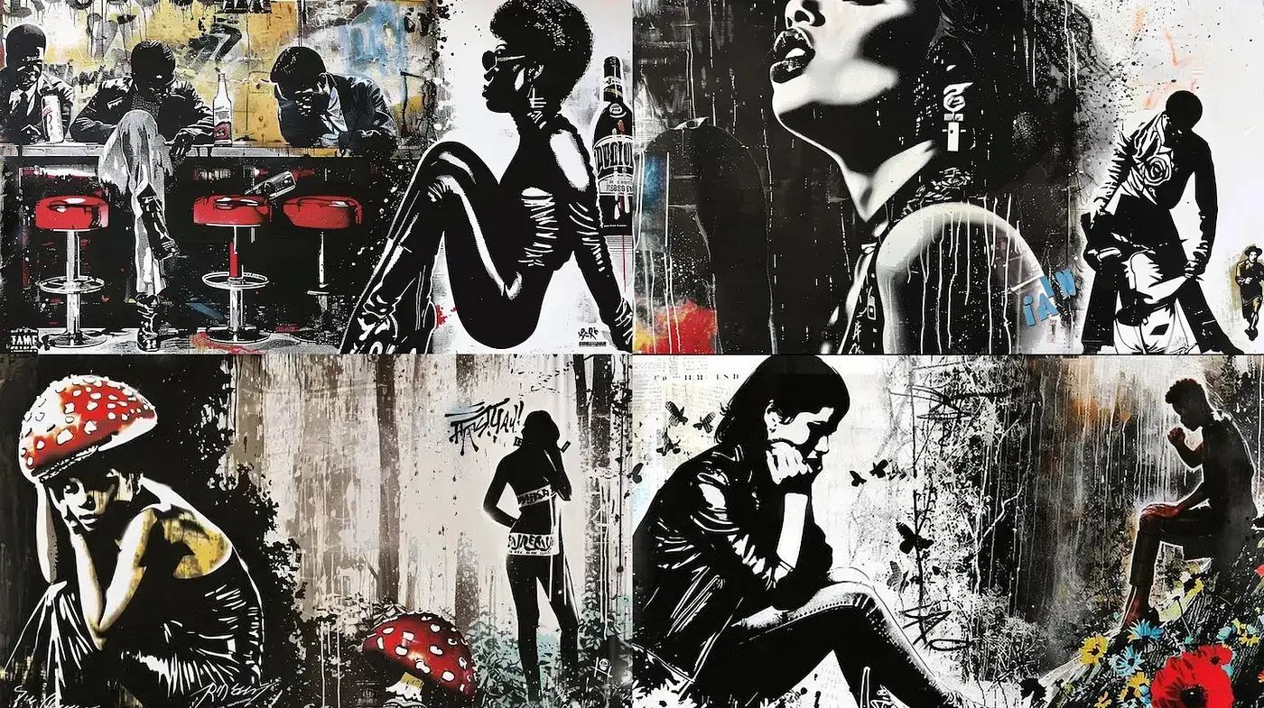 Stylized Urban Art with Gritty Textures and Strong Contrasts - Midjourney sref style