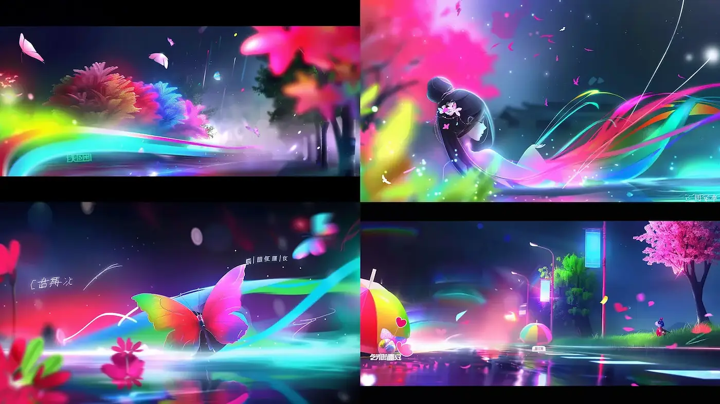 Vivid and Dreamy Neon Landscapes with Whimsical Elements - Midjourney sref style