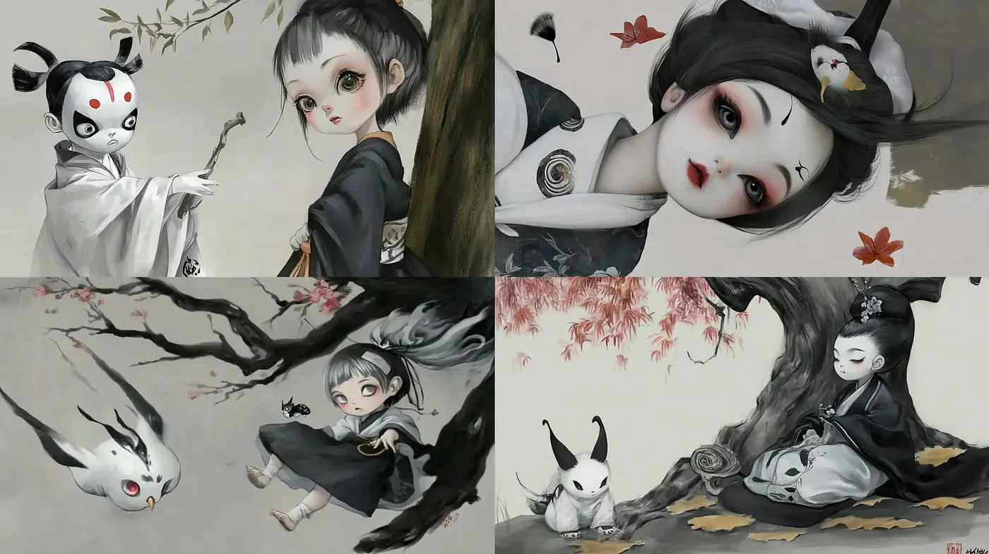Ethereal Ink Wash Dreamscapes with a Hint of Yokai Mythos - Midjourney sref style