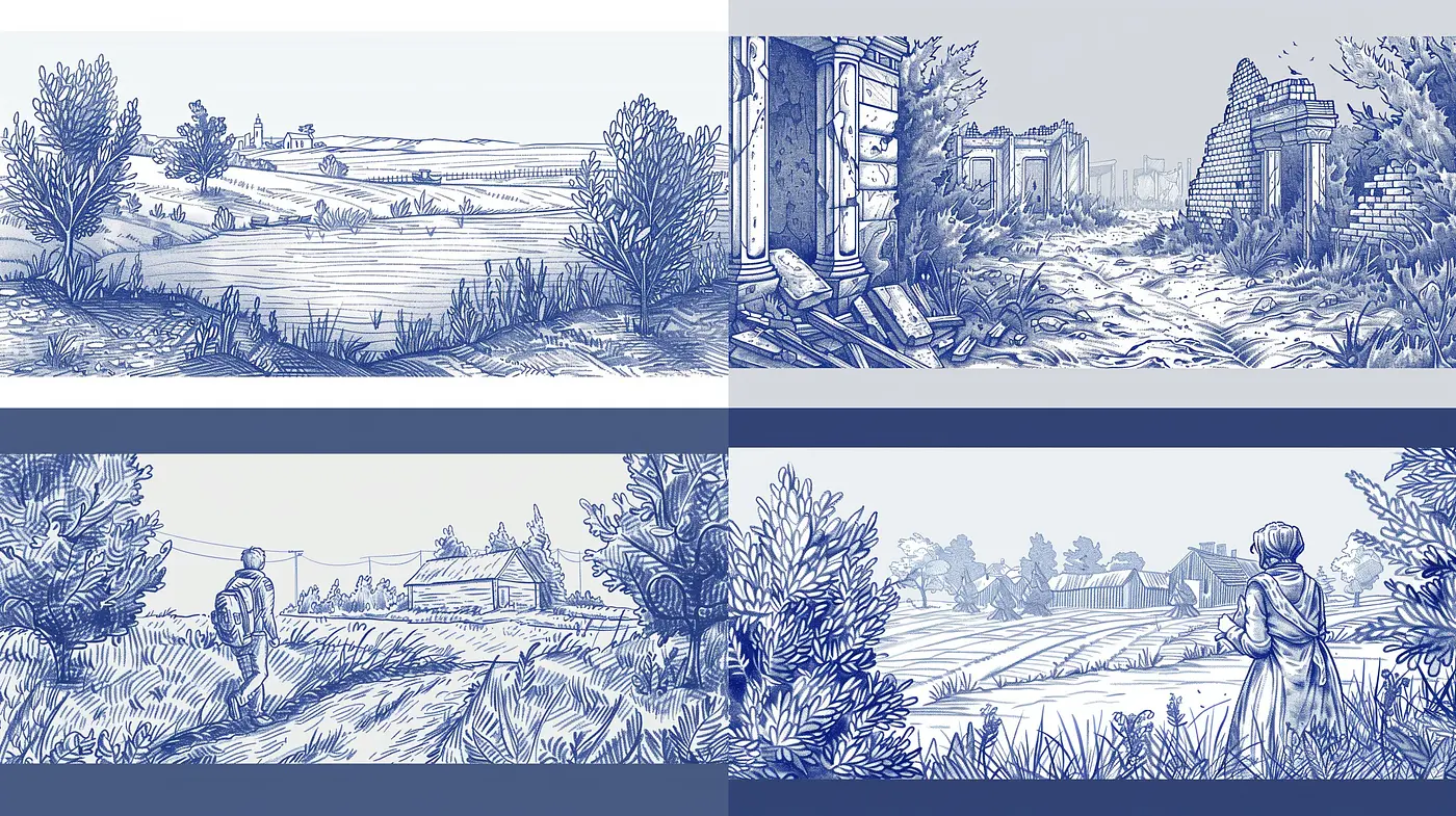 Monochromatic Blue Hues in Linear Brushwork Evoke a Timeless Elegance - Midjourney sref style
