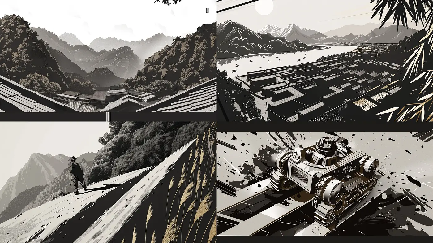Monochromatic Zenith: Homage to Woodblock and Noir Graphic Novels - Midjourney sref style
